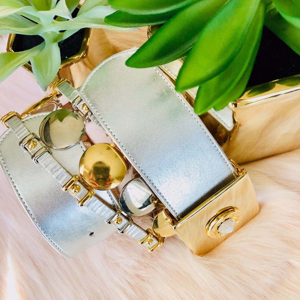 BB Simon Silver Leather Belt with Gold Accents